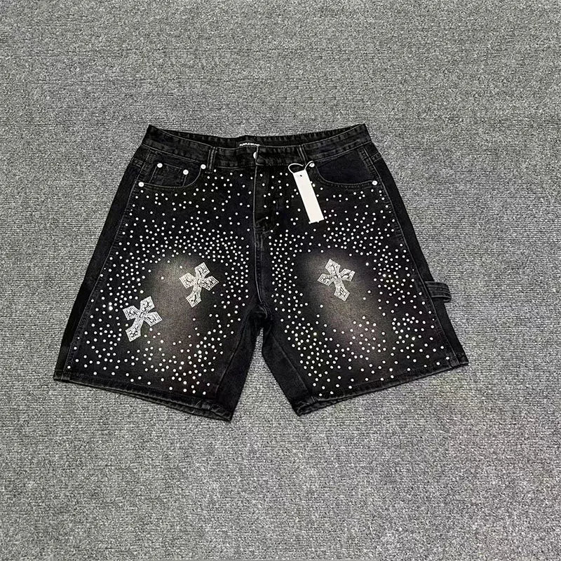 Fashionable Y2K rhinestone slim fit men's denim shorts
